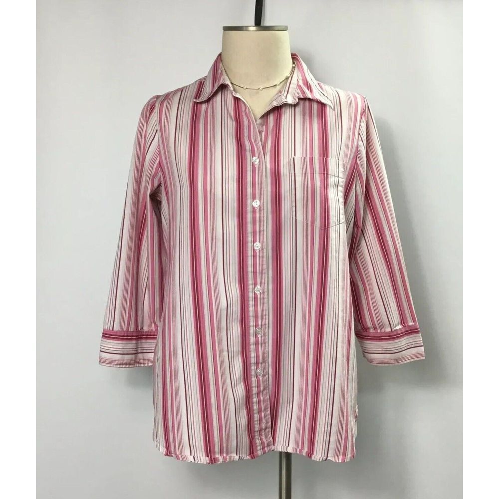 Liz Lange womens blouse Size M pink white stripes v neck button down Shirt